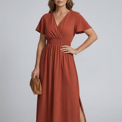 V-Neck Side Slit Maxi Dress - Brick Red