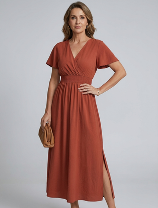 V-Neck Side Slit Maxi Dress - Brick Red