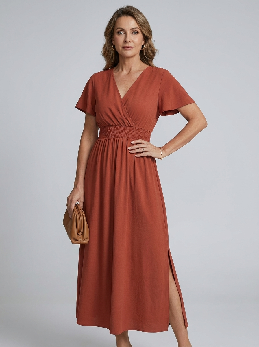 V-Neck Side Slit Maxi Dress - Brick Red