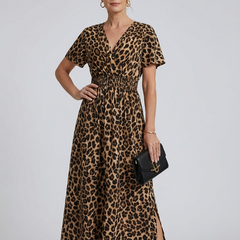 V-Neck Side Slit Maxi Dress - Leopard