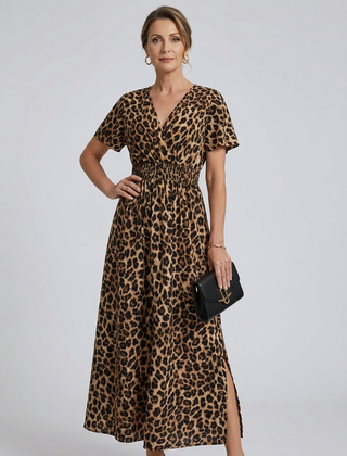 V-Neck Side Slit Maxi Dress - Leopard