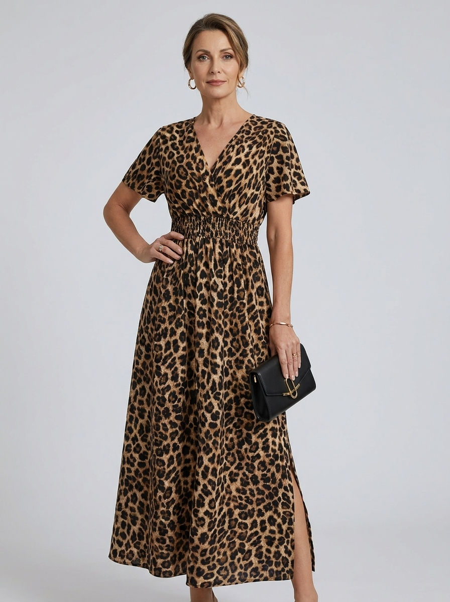 V-Neck Side Slit Maxi Dress - Leopard