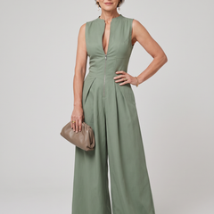 V-Neck Zipper Jumpsuit - Green