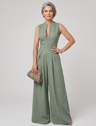V-Neck Zipper Jumpsuit - Green