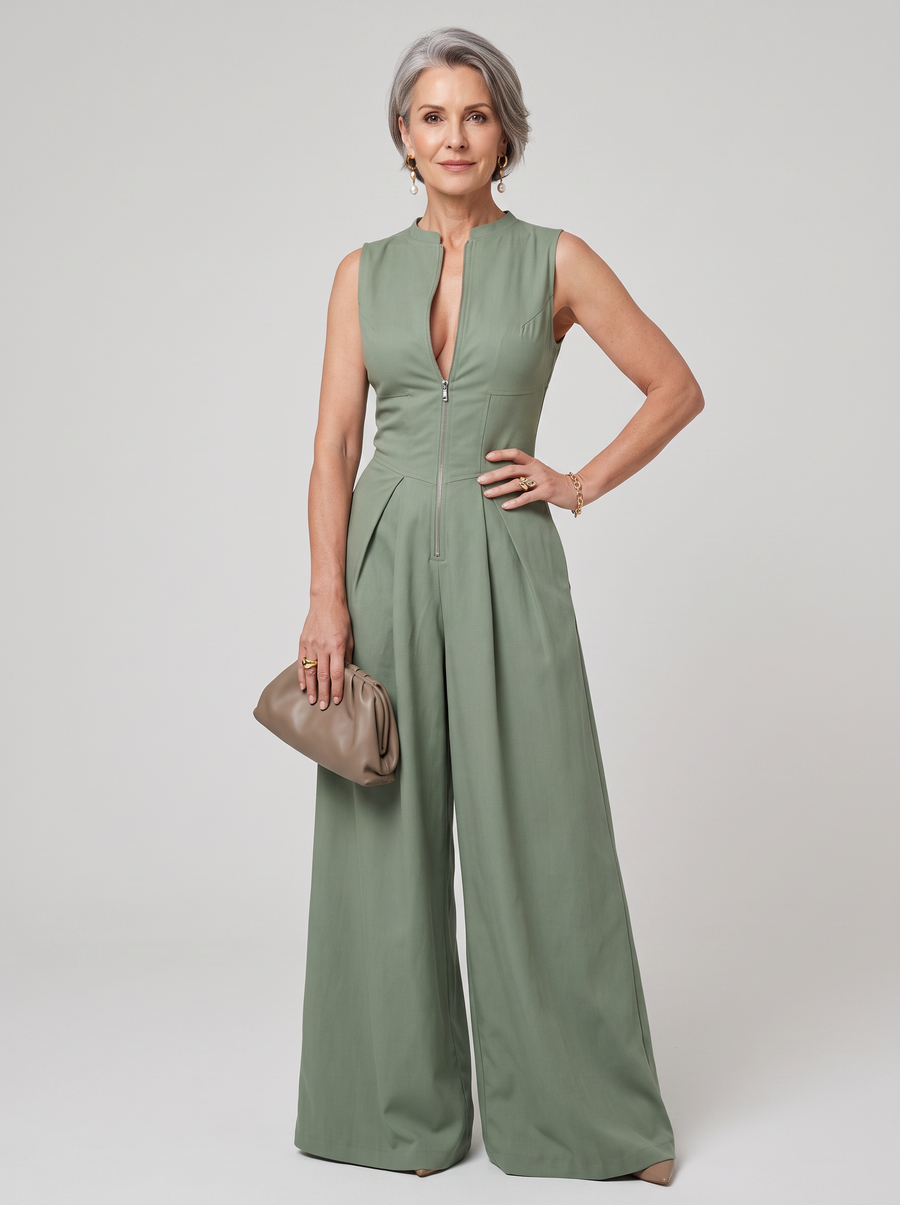 V-Neck Zipper Jumpsuit - Green