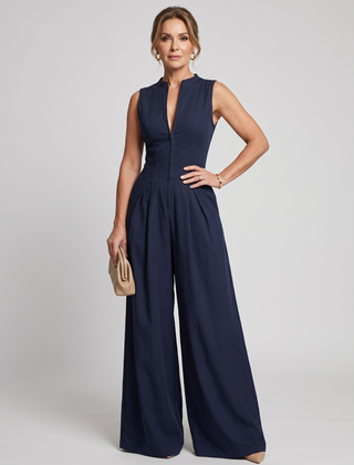 V-Neck Zipper Jumpsuit - Blue