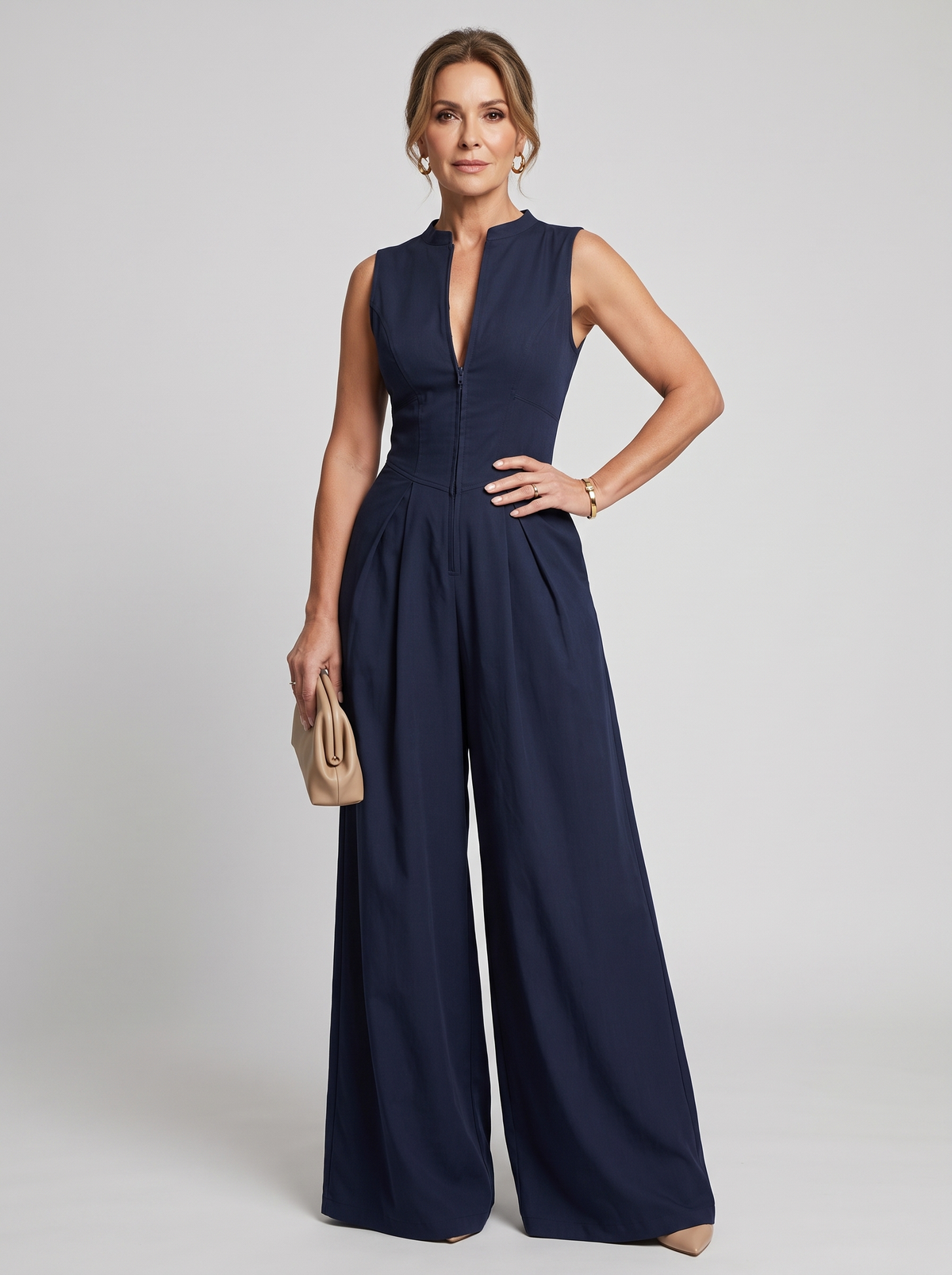 V-Neck Zipper Jumpsuit - Blue