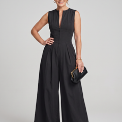 V-Neck Zipper Jumpsuit - Black