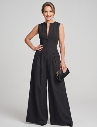 V-Neck Zipper Jumpsuit - Black