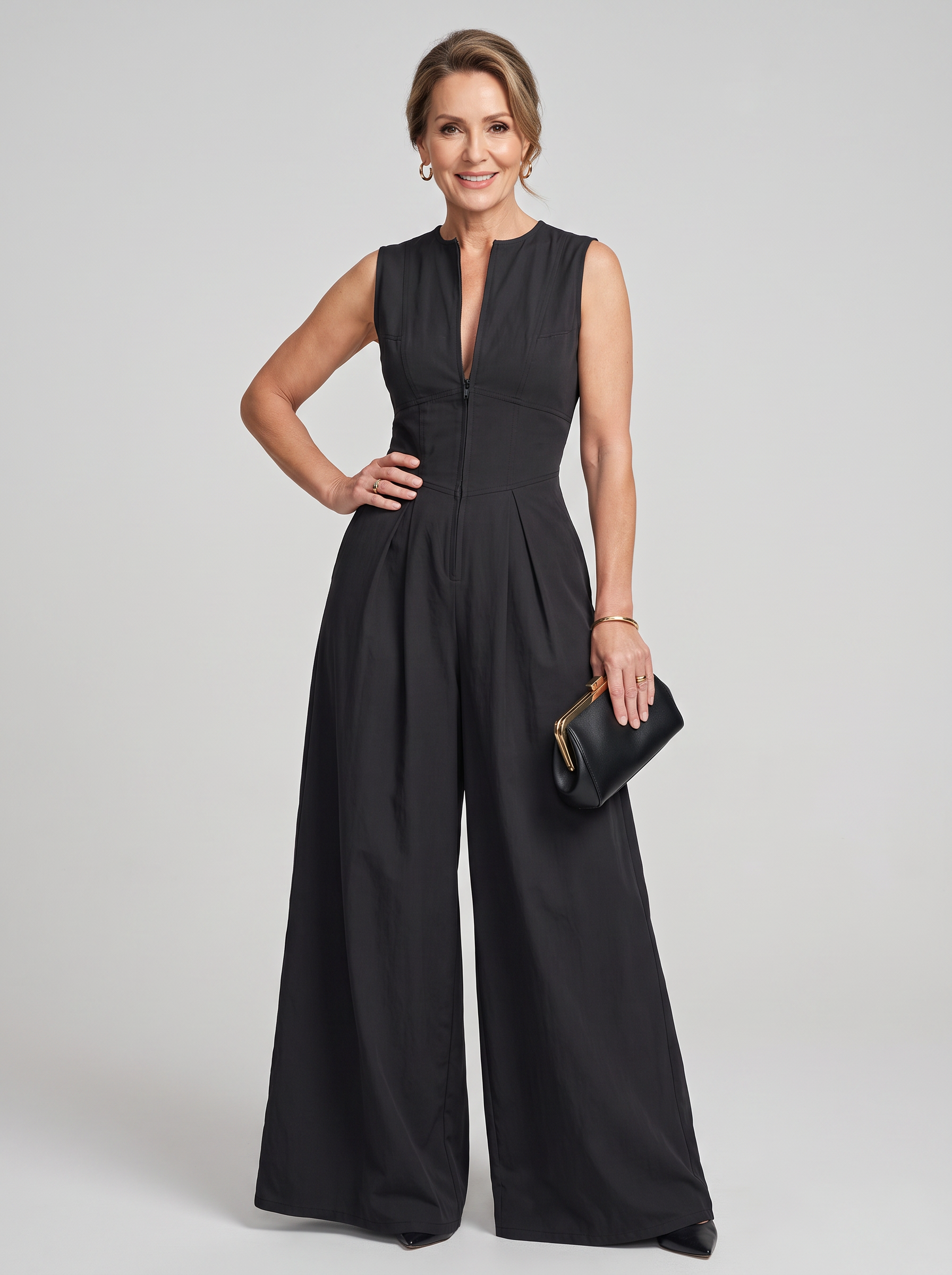 V-Neck Zipper Jumpsuit - Black
