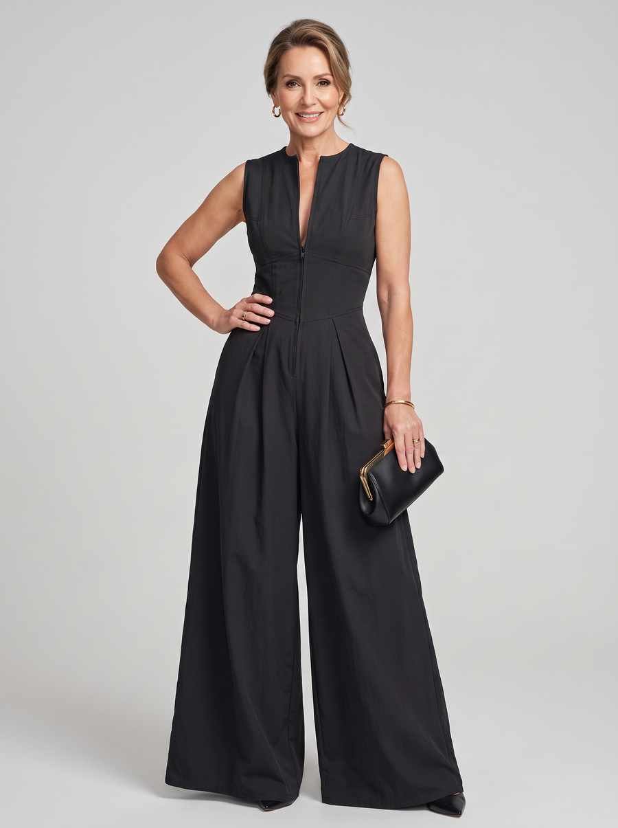 V-Neck Zipper Jumpsuit - Black