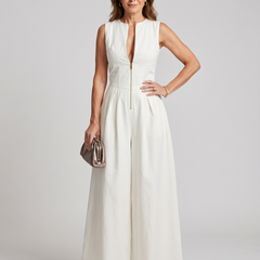 V-Neck Zipper Jumpsuit - White