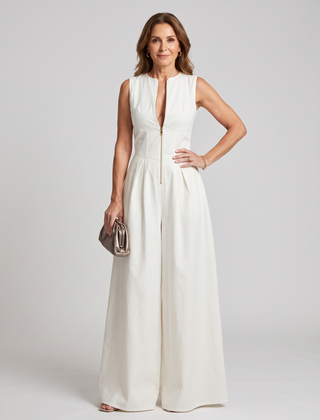V-Neck Zipper Jumpsuit - White