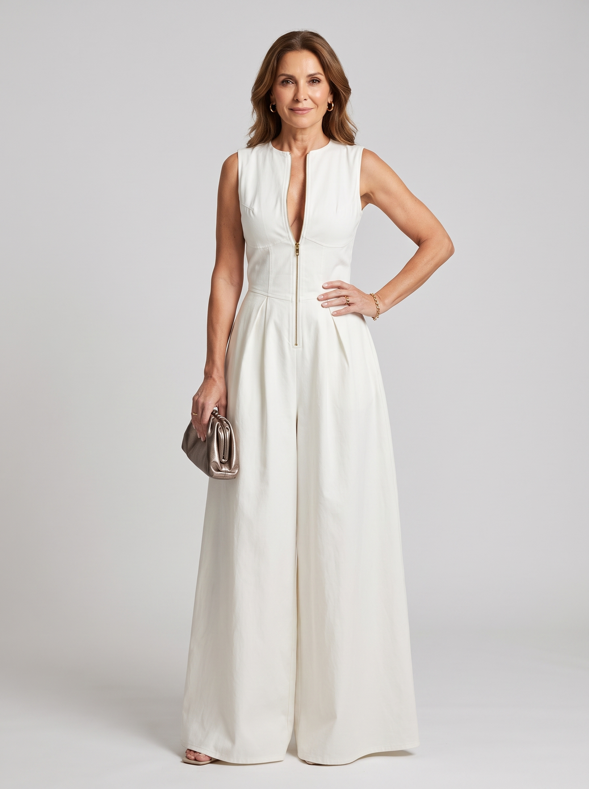 V-Neck Zipper Jumpsuit - White