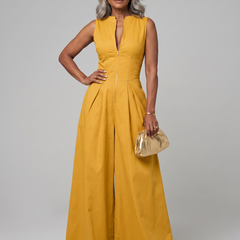 V-Neck Zipper Jumpsuit - Yellow