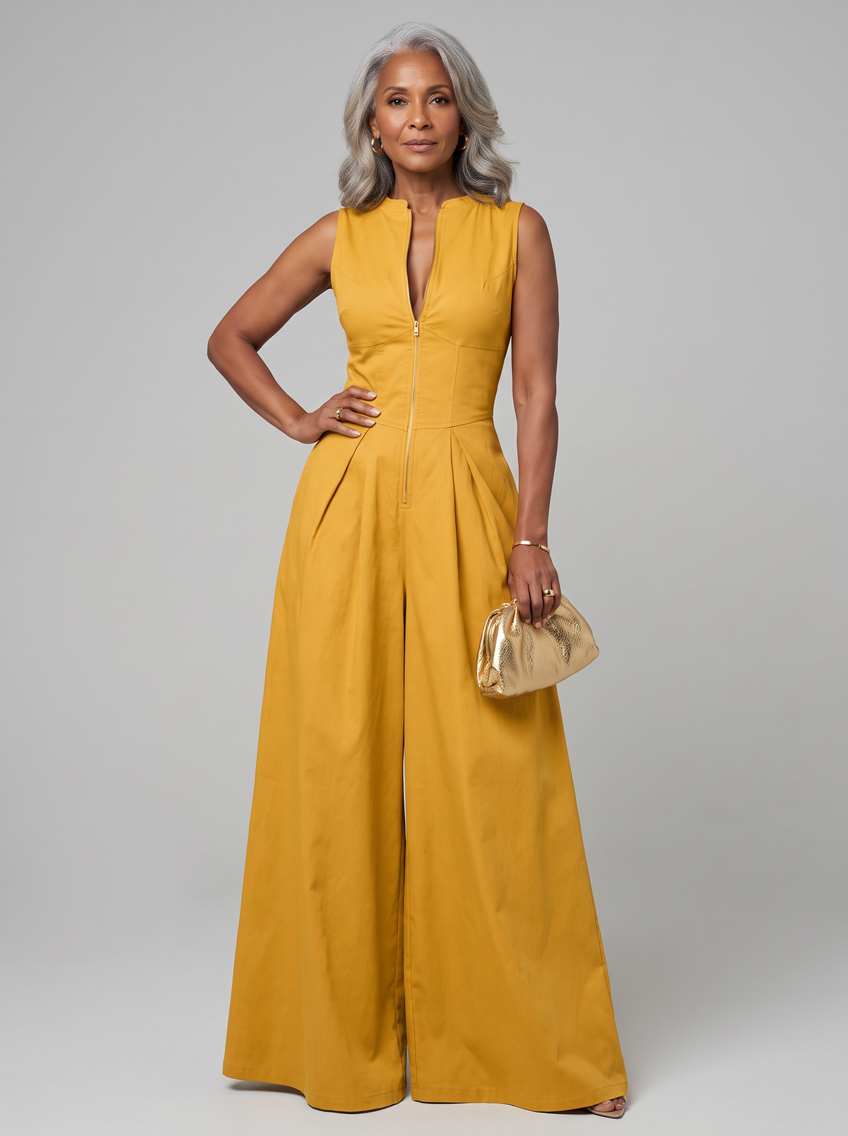 V-Neck Zipper Jumpsuit - Yellow