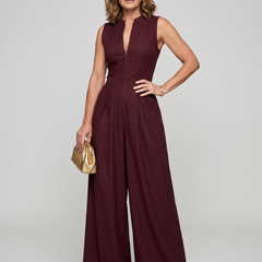 V-Neck Zipper Jumpsuit - Red Brown