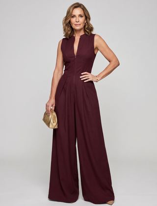 V-Neck Zipper Jumpsuit - Red Brown