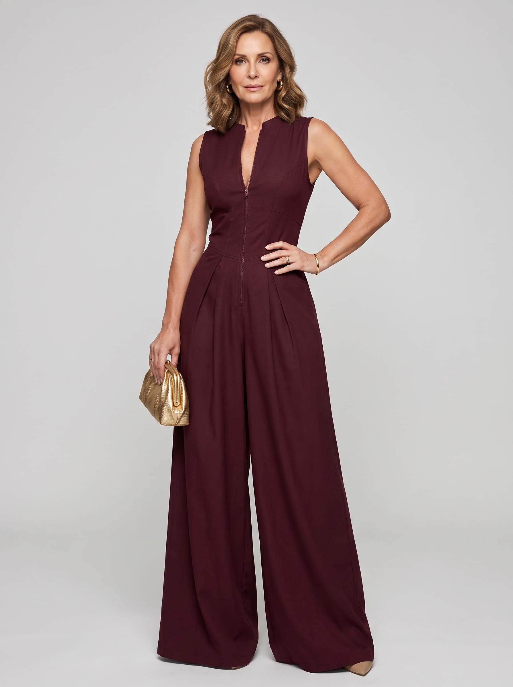 V-Neck Zipper Jumpsuit - Red Brown