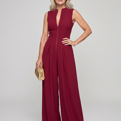 V-Neck Zipper Jumpsuit - Deep Red
