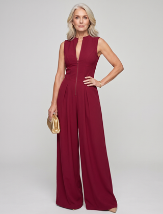 V-Neck Zipper Jumpsuit - Deep Red