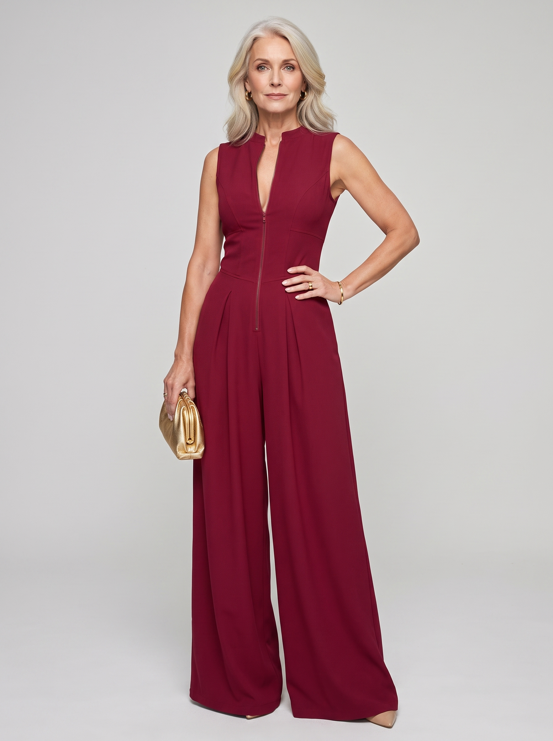 V-Neck Zipper Jumpsuit - Deep Red