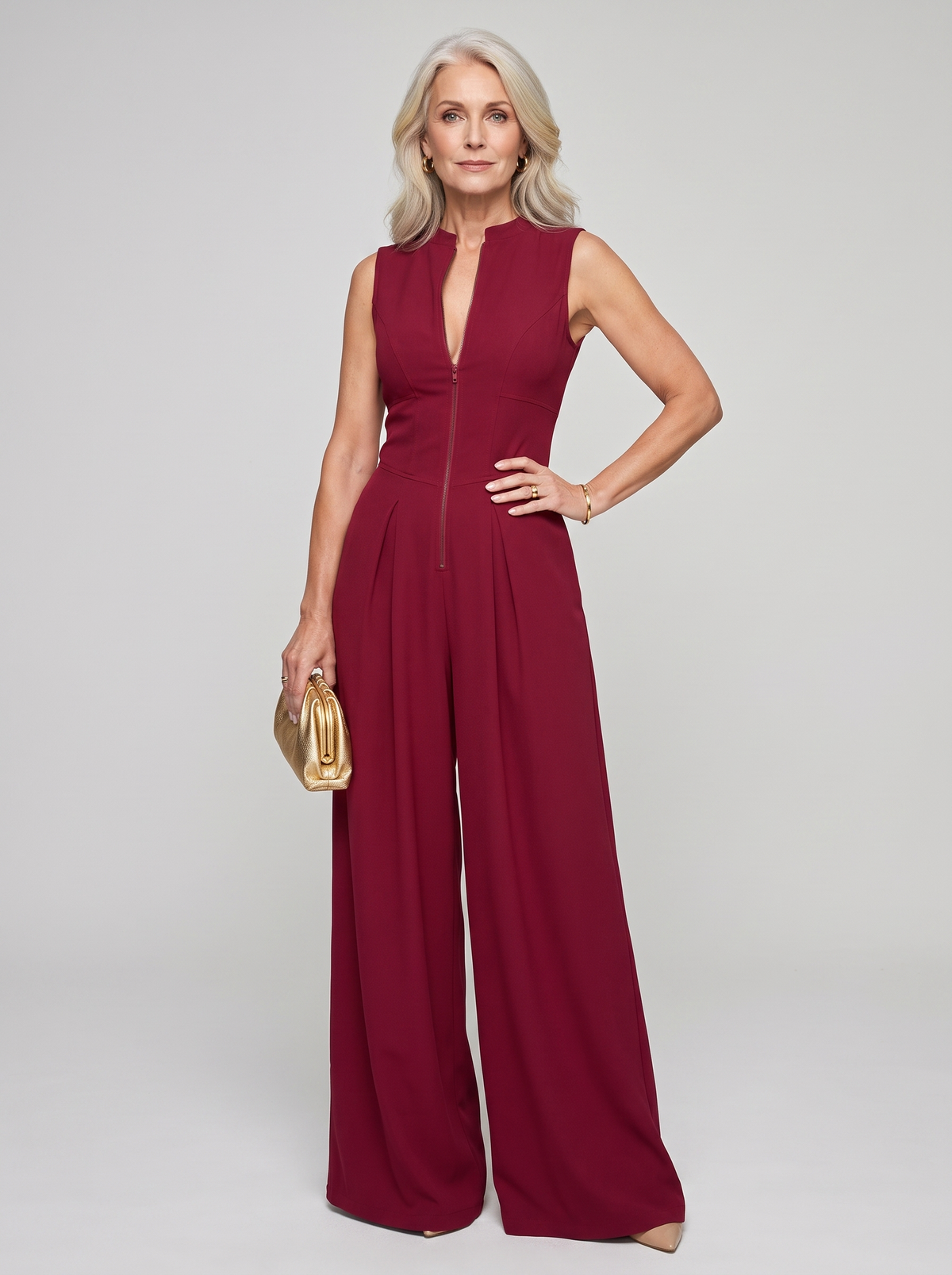 V-Neck Zipper Jumpsuit - Deep Red