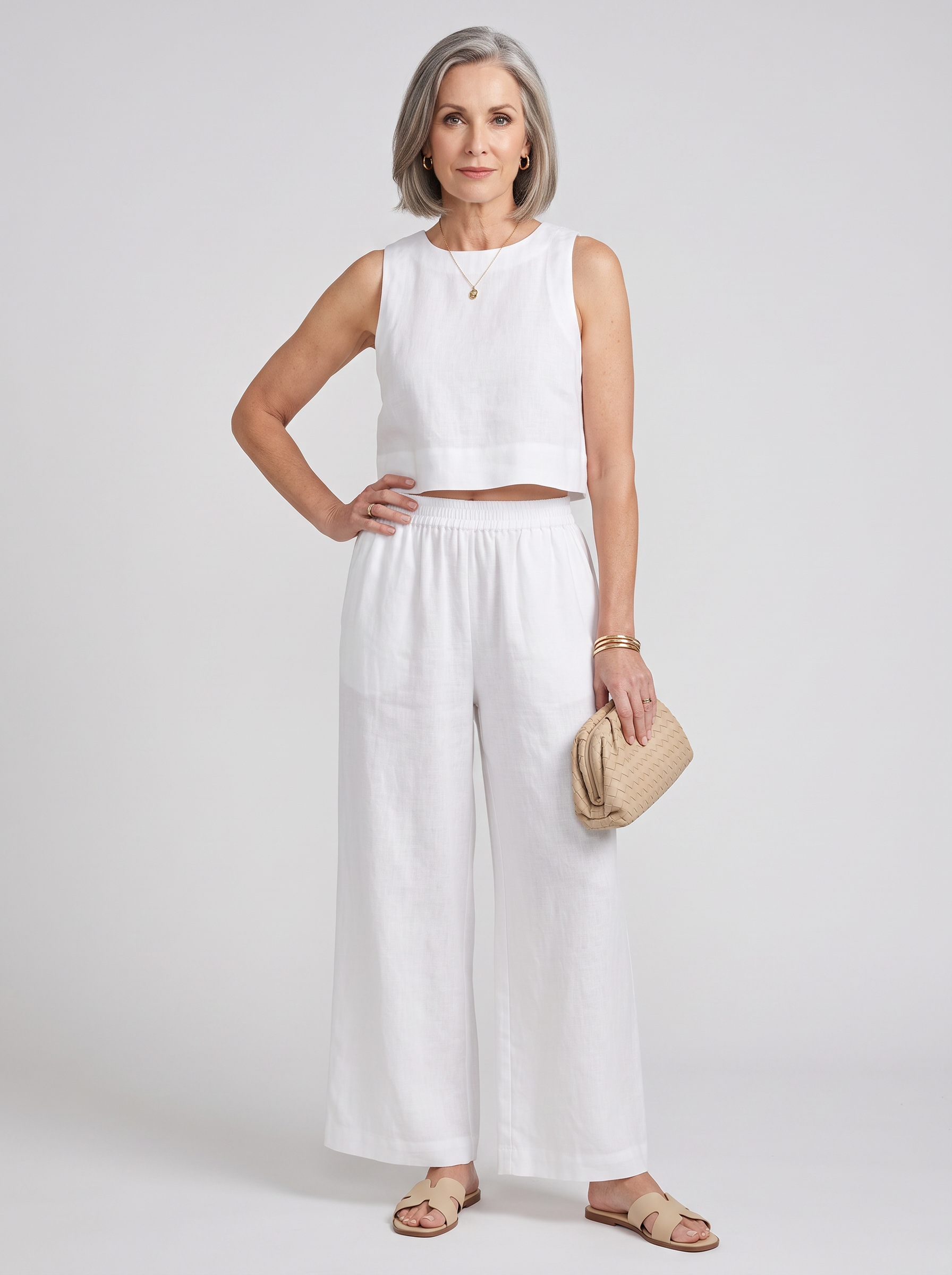 Vest + Wide Leg Pants Set - White