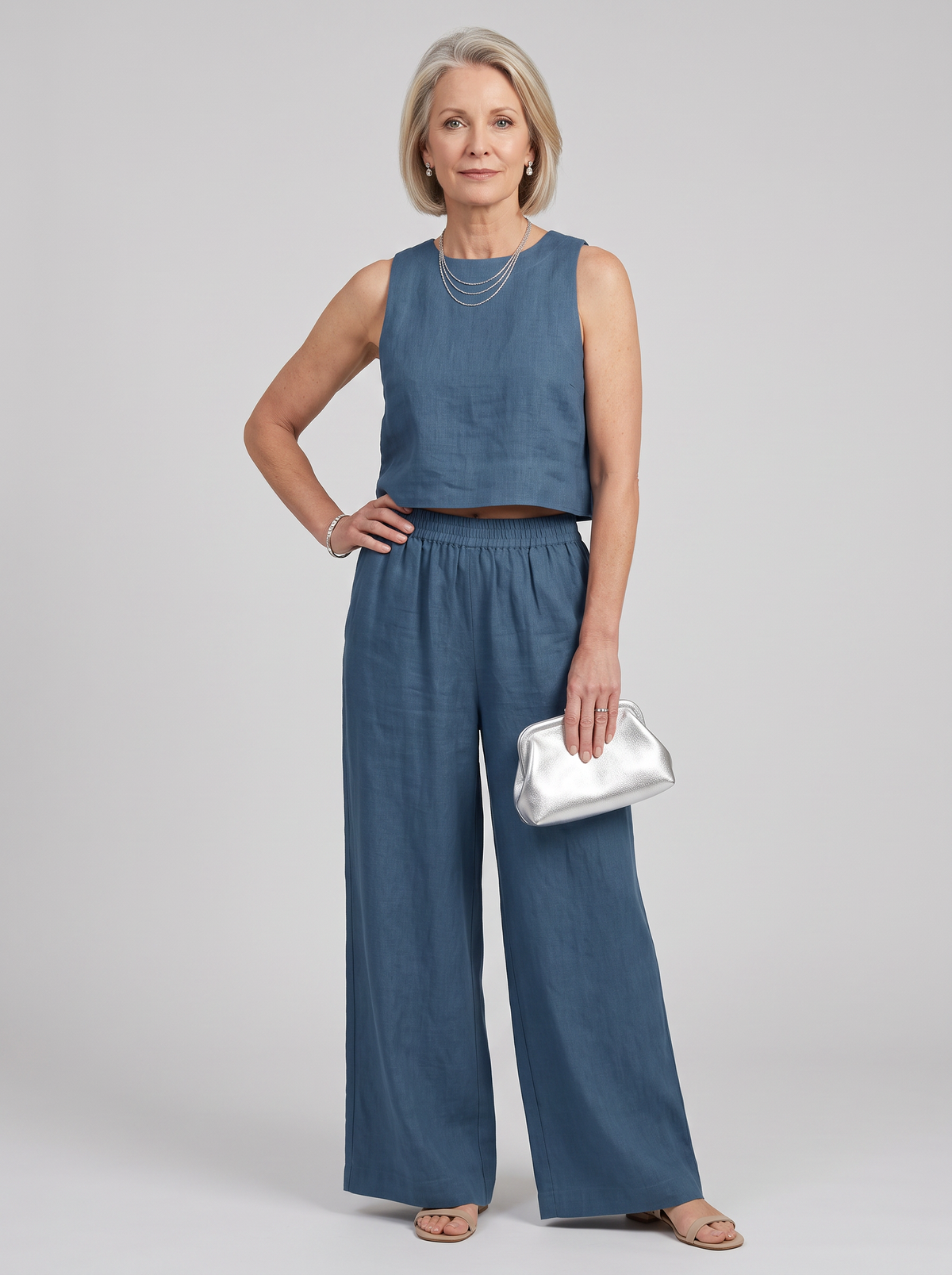 Vest + Wide Leg Pants Set - Blue