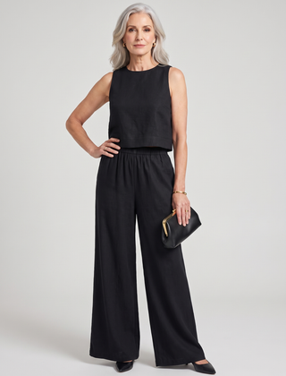 Vest + Wide Leg Pants Set - Black