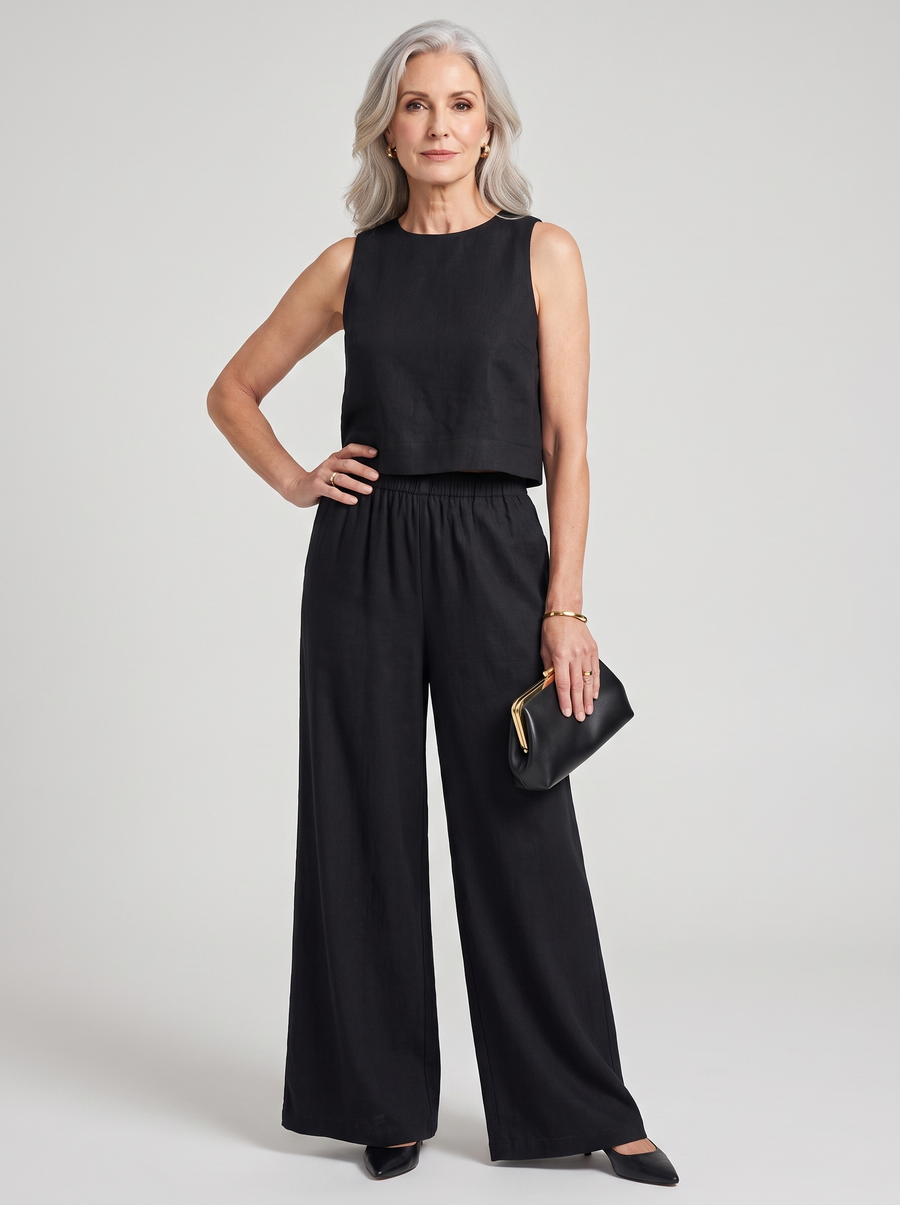 Vest + Wide Leg Pants Set - Black