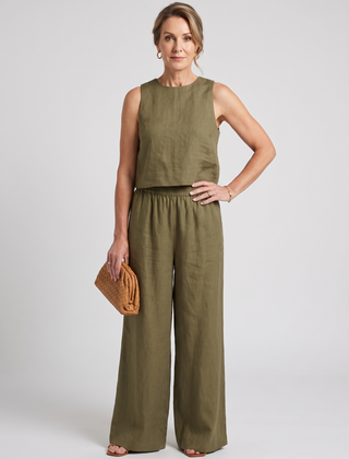 Vest + Wide Leg Pants Set - Olive