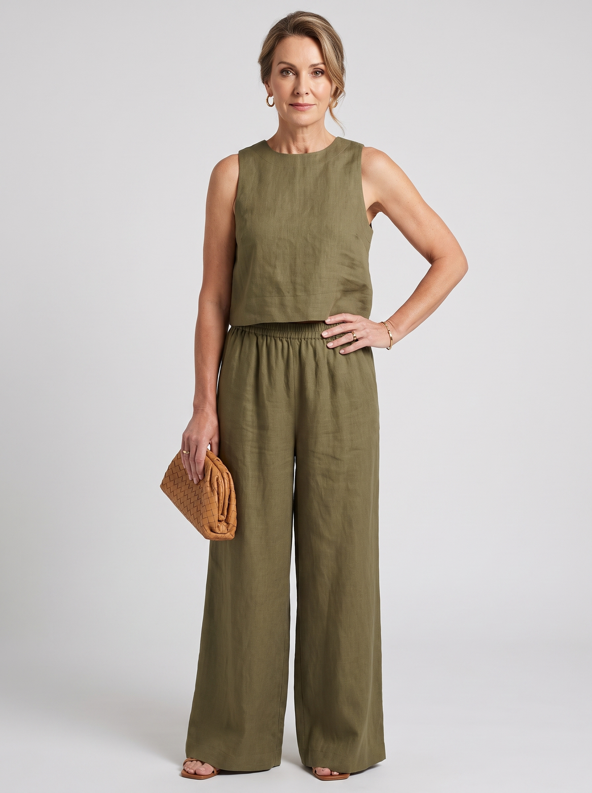 Vest + Wide Leg Pants Set - Olive