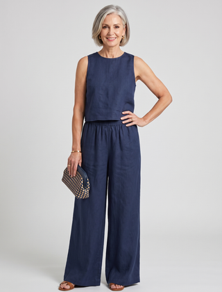 Vest + Wide Leg Pants Set - Deep Blue