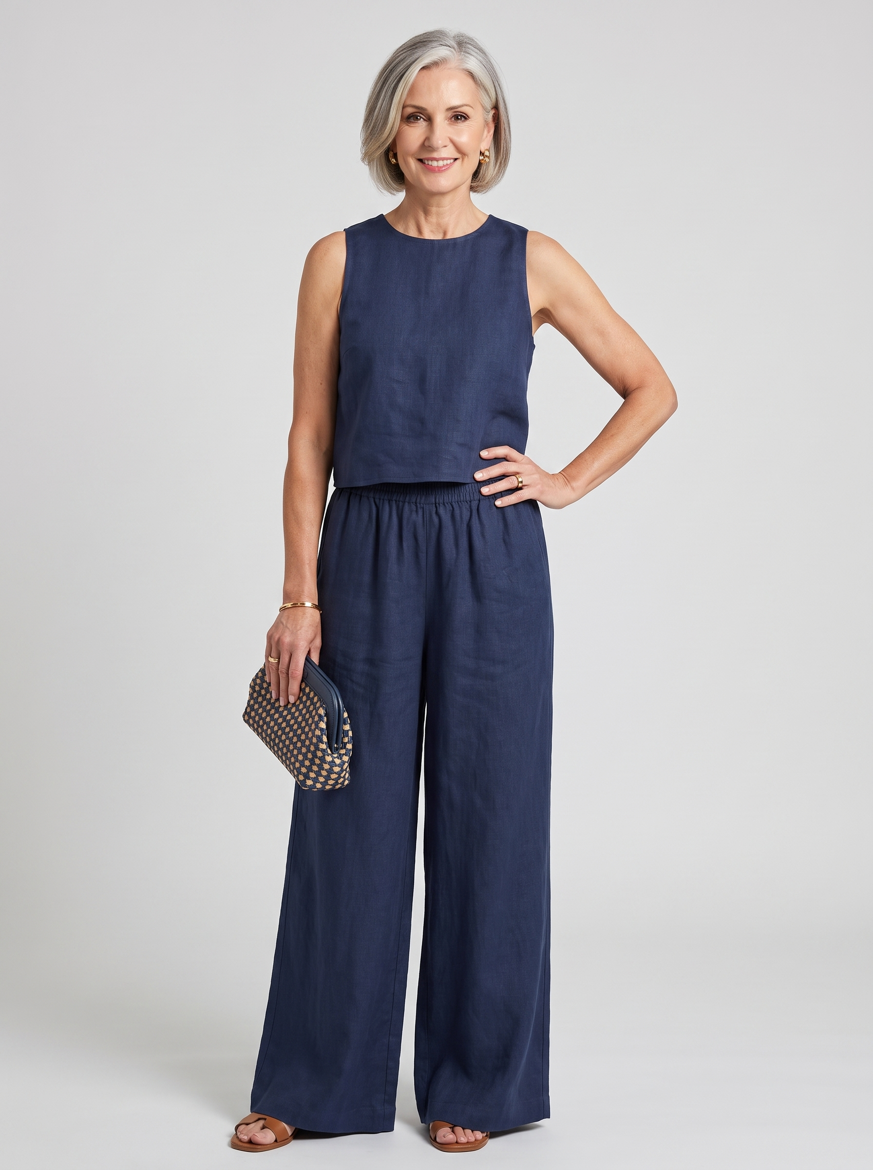 Vest + Wide Leg Pants Set - Deep Blue