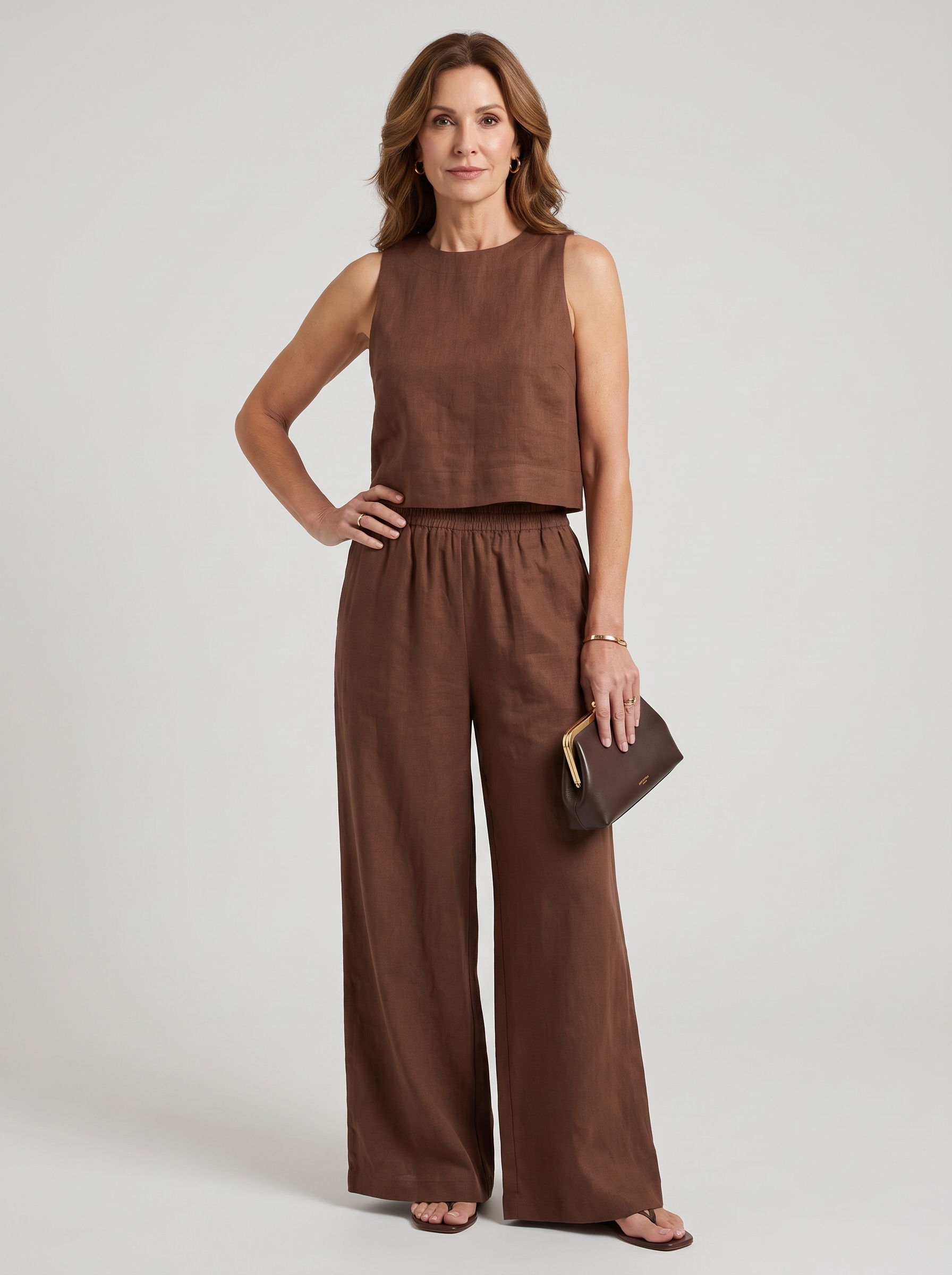 Vest + Wide Leg Pants Set - Deep Brown
