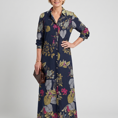 Split-Joint Lapel Maxi Shirt Dress - Navy Blue