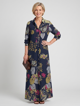 Split-Joint Lapel Maxi Shirt Dress - Navy Blue