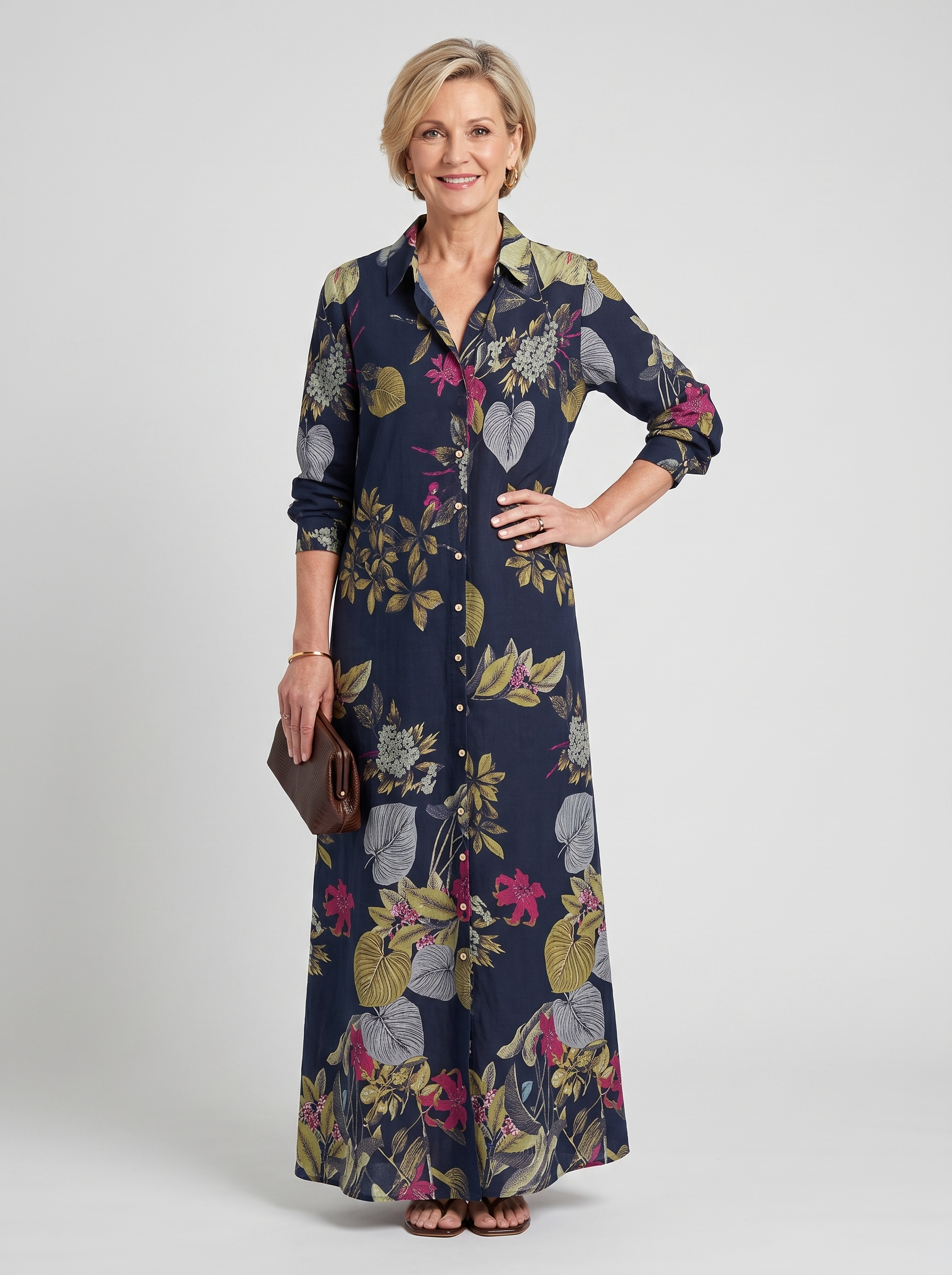 Split-Joint Lapel Maxi Shirt Dress - Navy Blue
