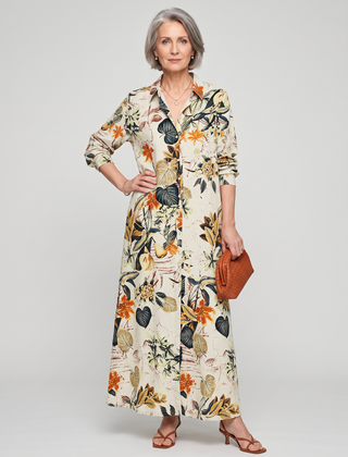 Split-Joint Lapel Maxi Shirt Dress - Orange