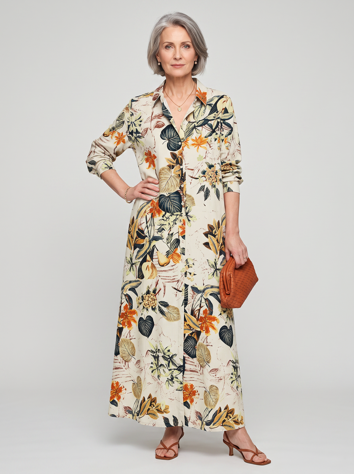 Split-Joint Lapel Maxi Shirt Dress - Orange