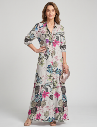 Split-Joint Lapel Maxi Shirt Dress - Fuchsia