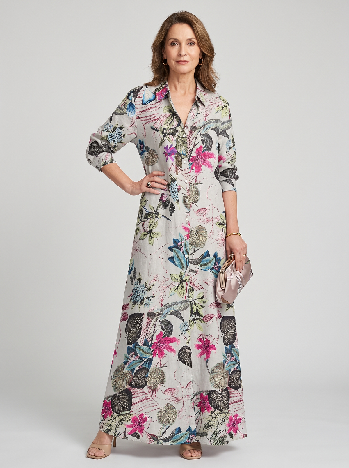 Split-Joint Lapel Maxi Shirt Dress - Fuchsia