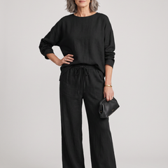 Round-Neck Shirt Top + Drawstring Pants Set - Black