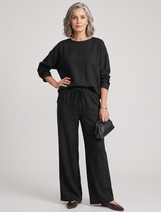 Round-Neck Shirt Top + Drawstring Pants Set - Black