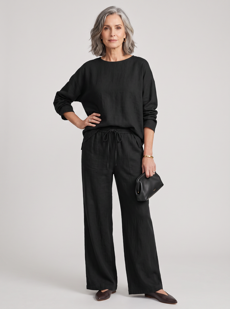 Round-Neck Shirt Top + Drawstring Pants Set - Black