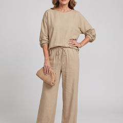 Round-Neck Shirt Top + Drawstring Pants Set - Light Brown