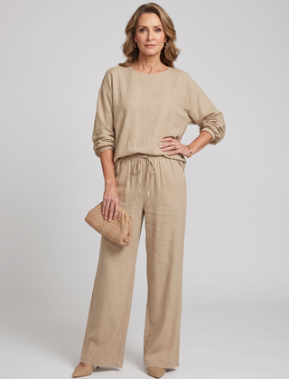 Round-Neck Shirt Top + Drawstring Pants Set - Light Brown