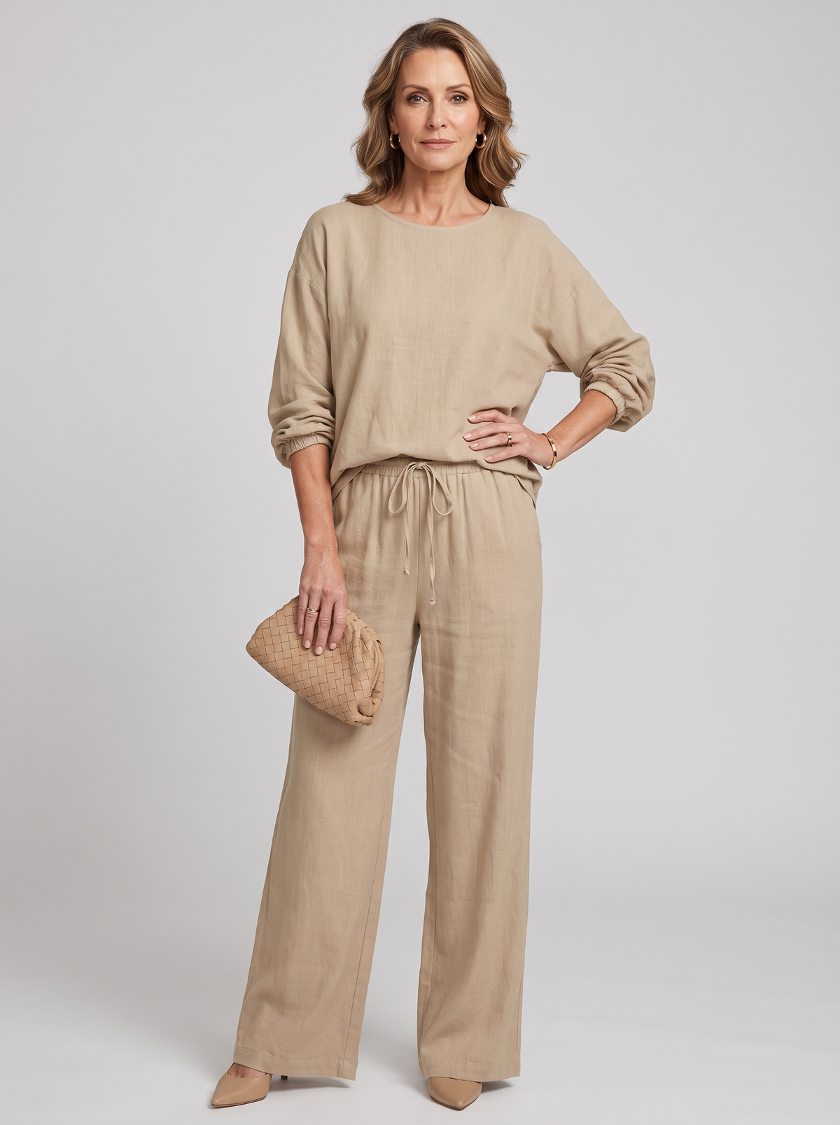 Round-Neck Shirt Top + Drawstring Pants Set - Light Brown