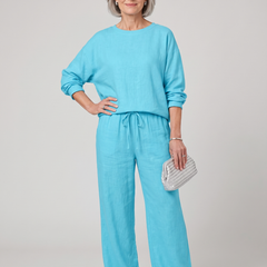 Round-Neck Shirt Top + Drawstring Pants Set - Lake Blue